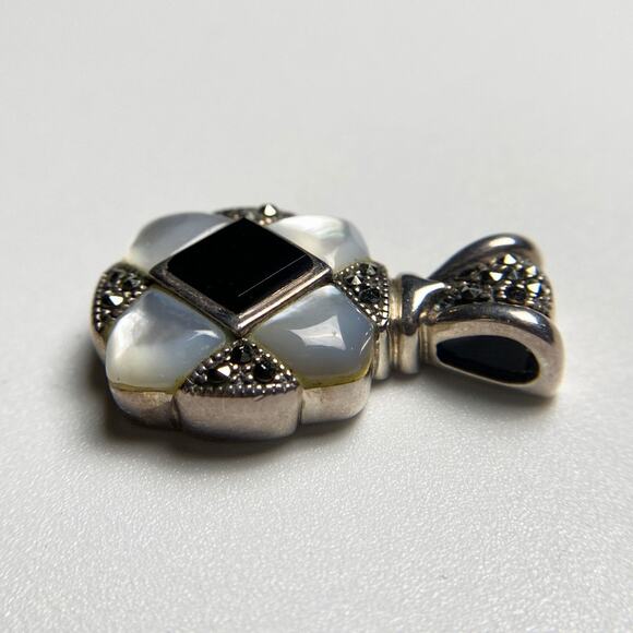 NF 925 Sterling Silver Onyx Mother of Pearl Marcasite Pendant - Picture 9 of 12